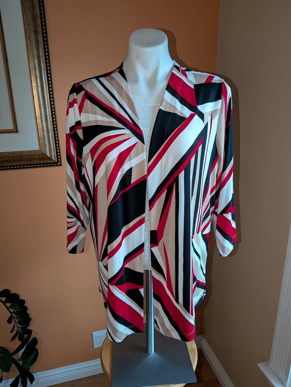 Easy Wear By Chicos Geometric Print Open Front Cardigan - Red, Black & White